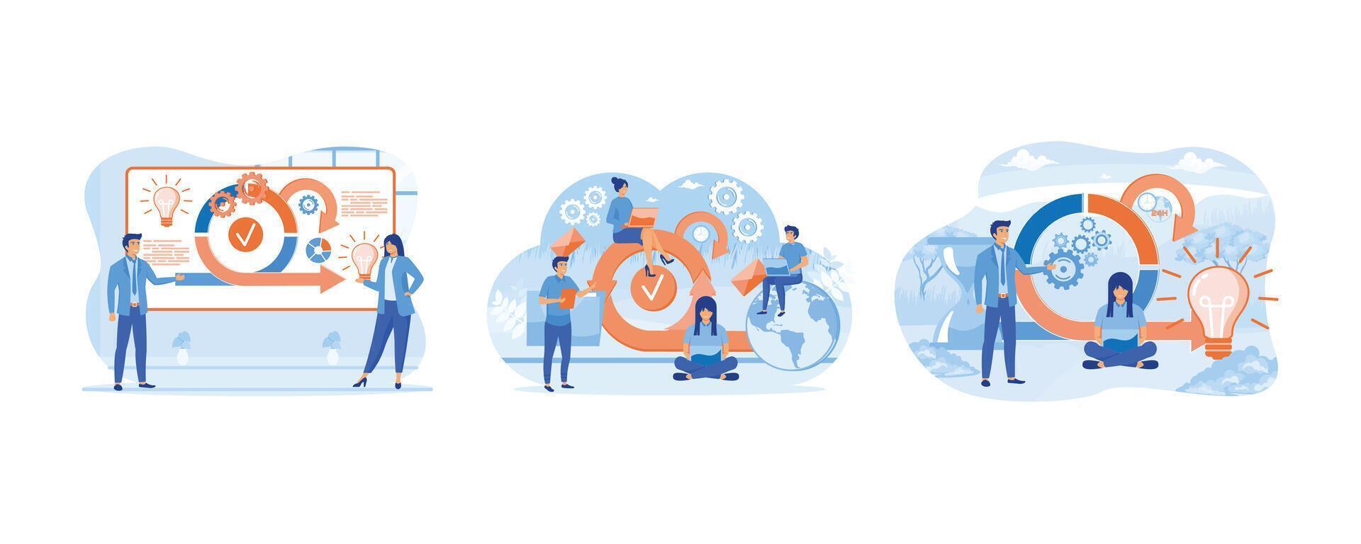 Scrum agile framework plan as software development method. Scrum process diagram as agile software development scheme. Scrum framework concept. Set flat modern illustration vector