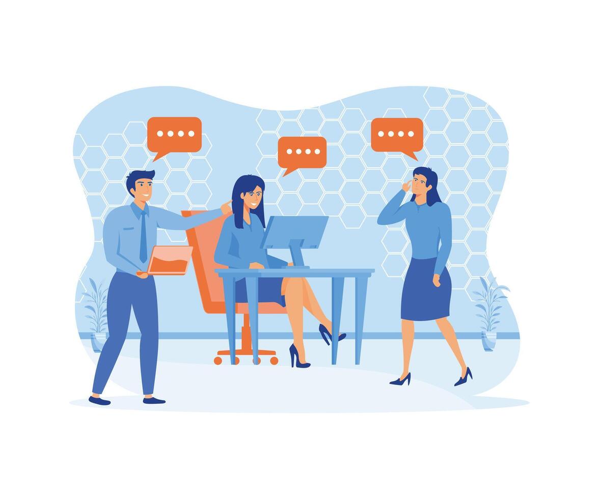 Work discussion. Three people in office working as a team and talking together with computers. flat modern illustration vector