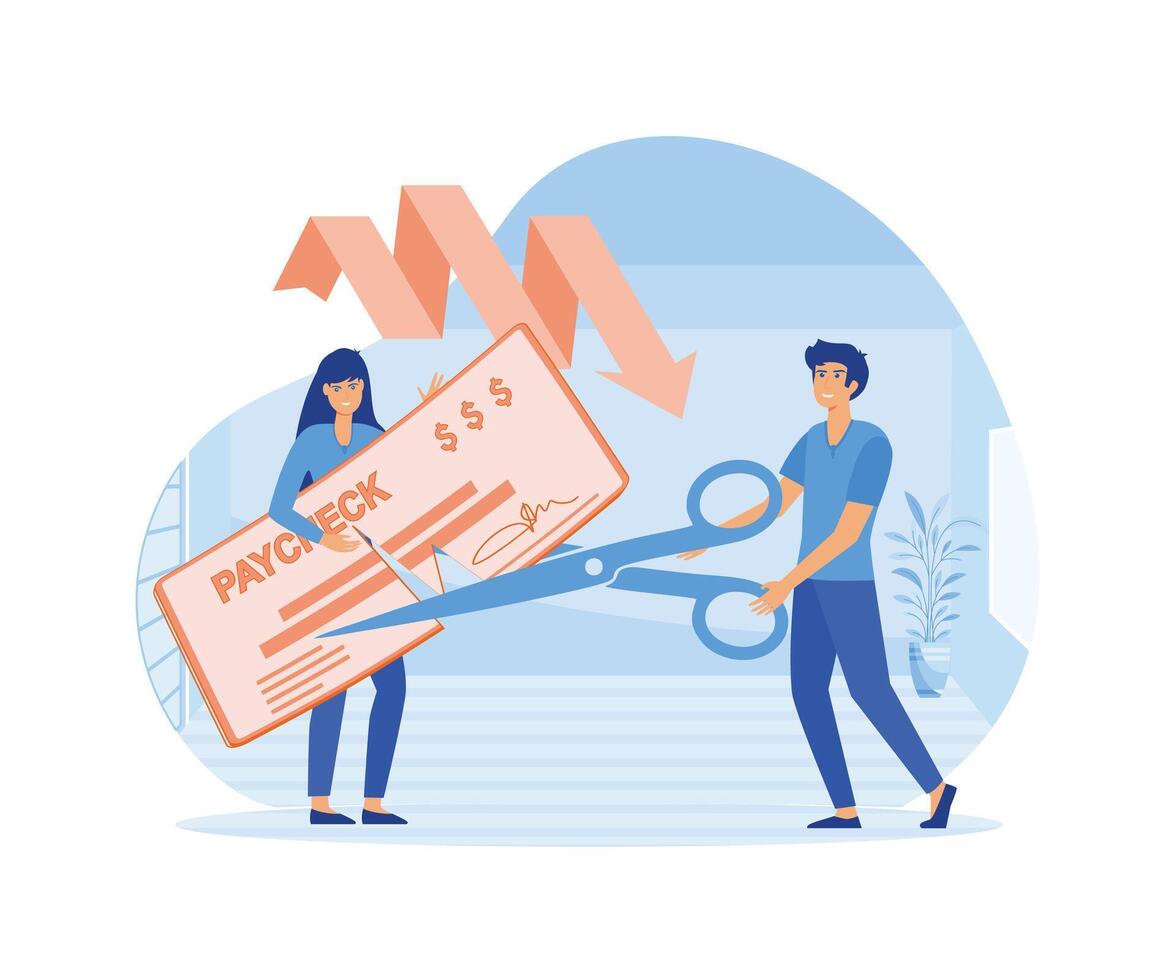 Economy crisis concept. Boss cutting staff employee pay, reducing running costs of a company. flat modern illustration vector