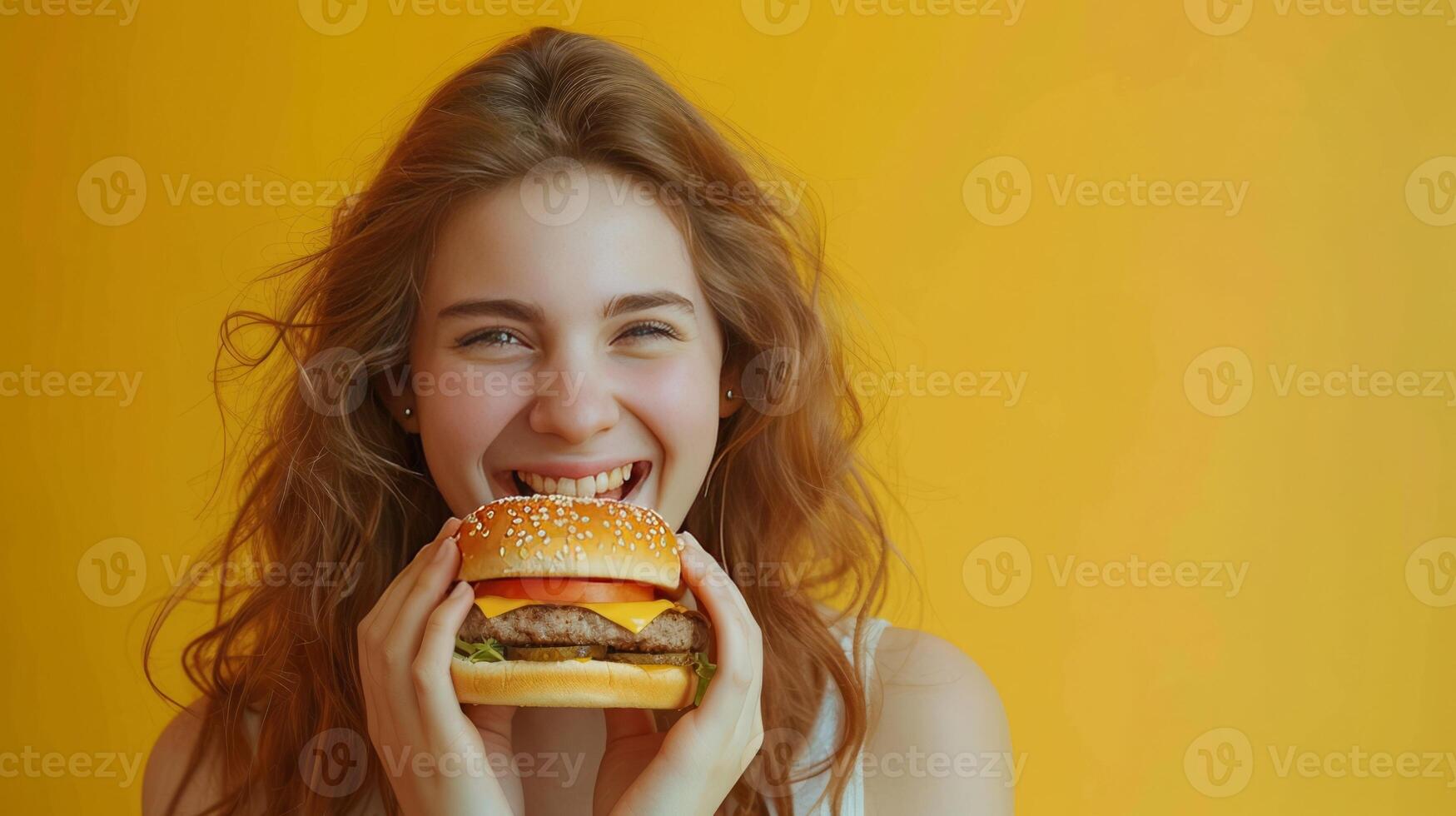 A woman eats a hamburger, unhealthy food, isolated background photo