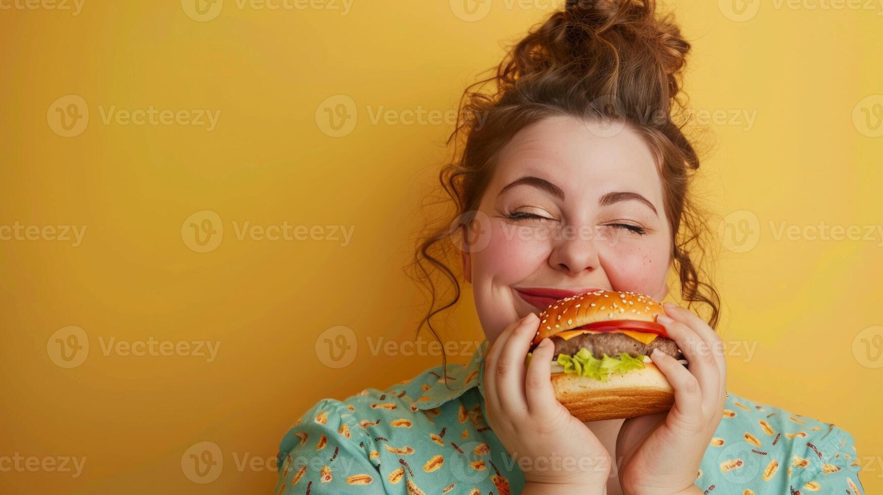 un mujer come un hamburguesa, insalubre alimento, aislado antecedentes foto