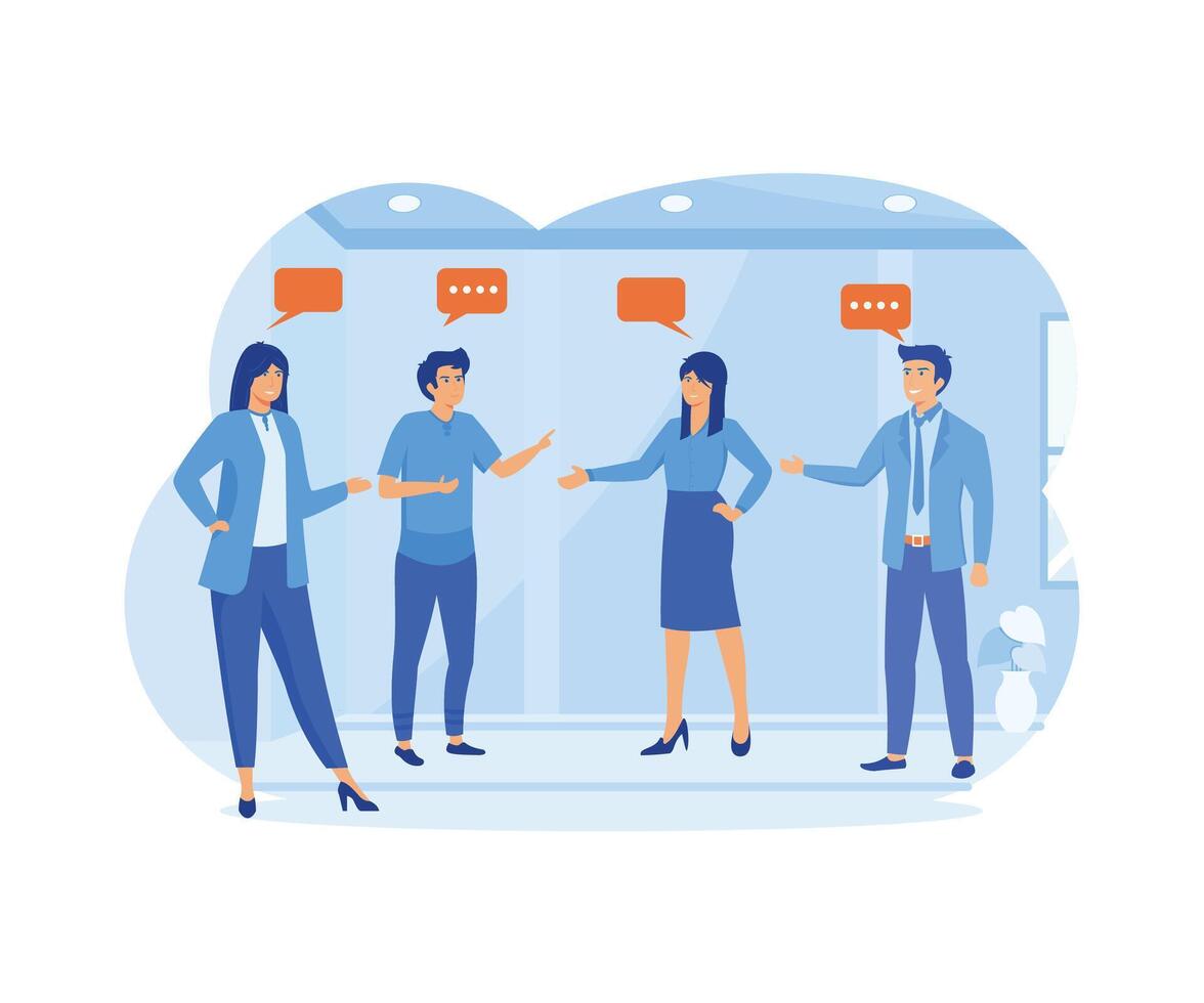 Discussion, team communication conversation, coworker chat, opinion concept, business team coworkers discussing work in meeting with speech bubbles. flat modern illustration vector