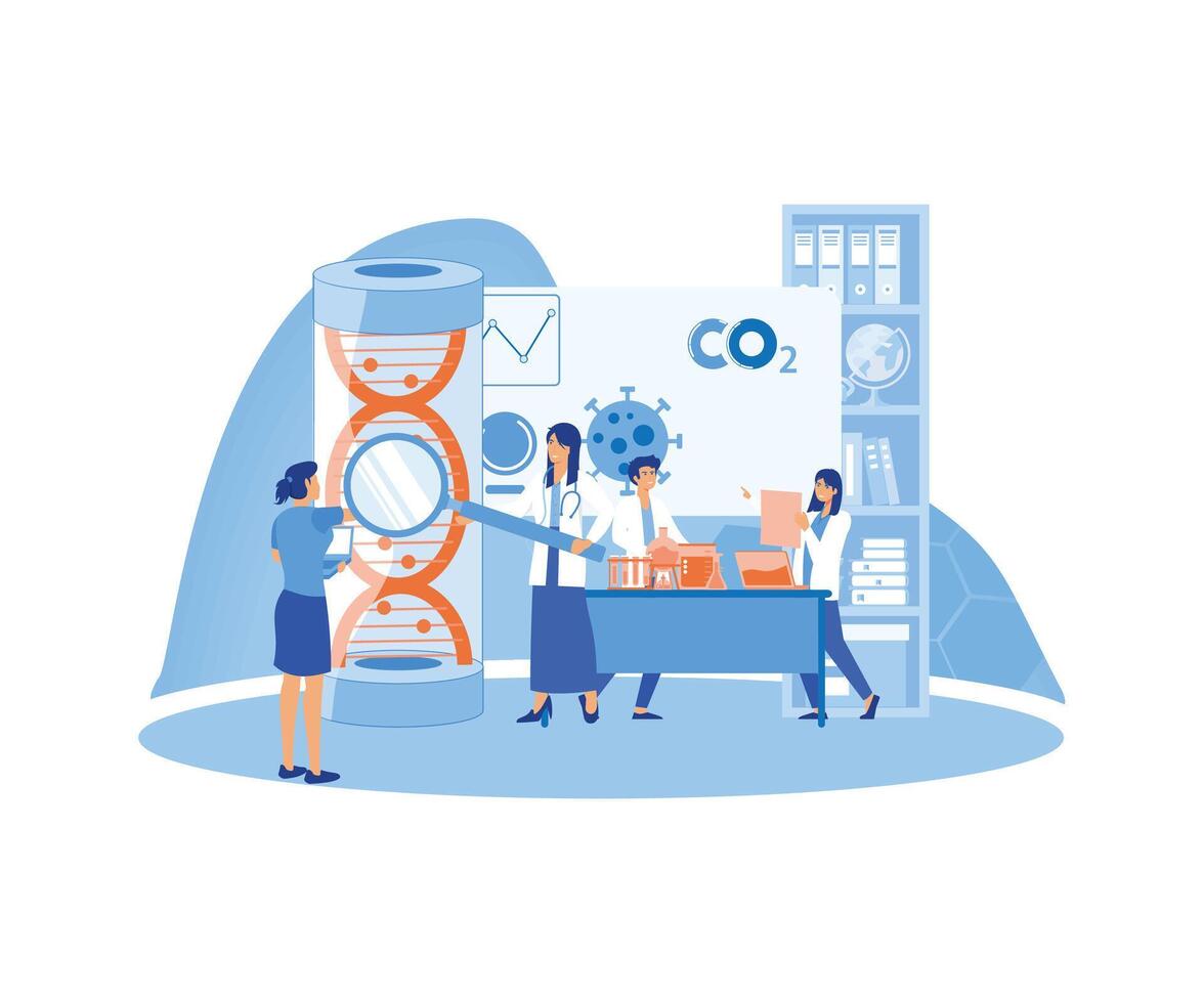 Genetic science. DNA molecule laboratory research, gene structure information. Biological or behaviour experiments, medicine microbiology concept. flat modern illustration vector