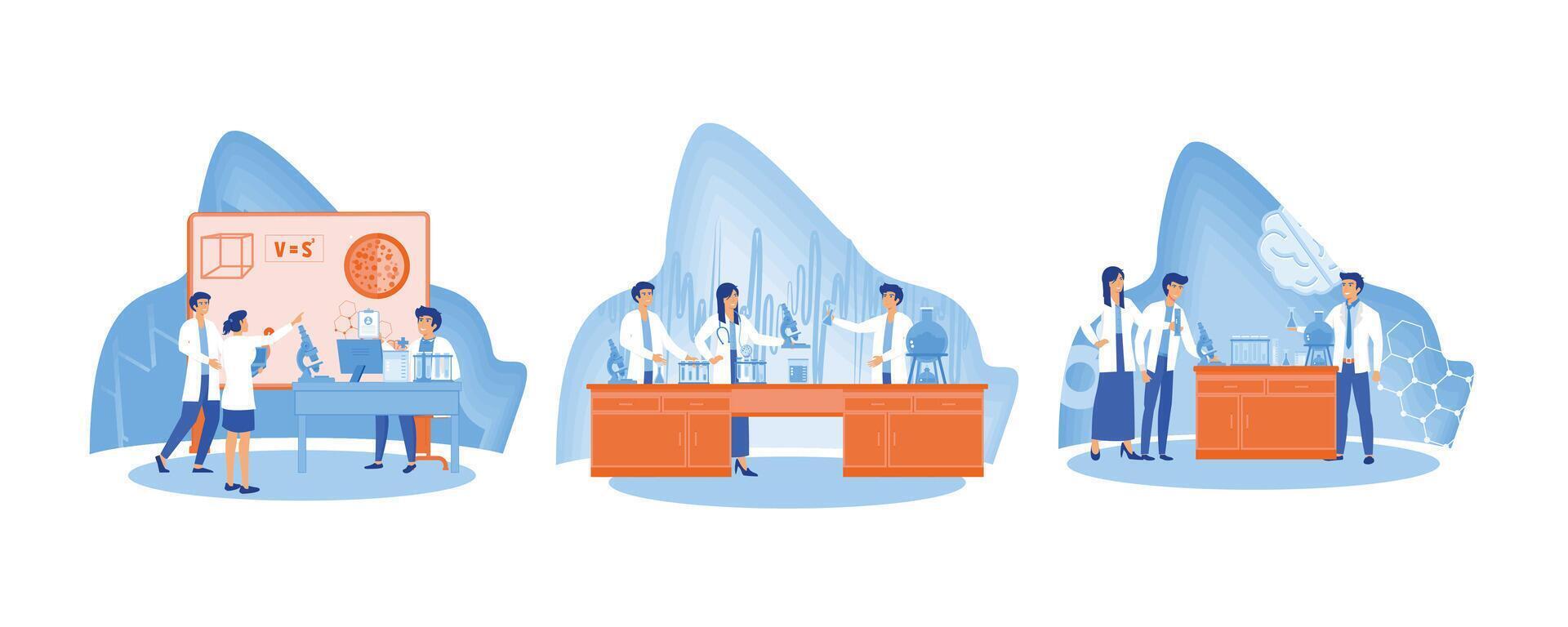 People in white coat, chemical researchers with laboratory equipment. Scientific research. Of scientists two men and woman working at science lab. Set flat modern illustration vector