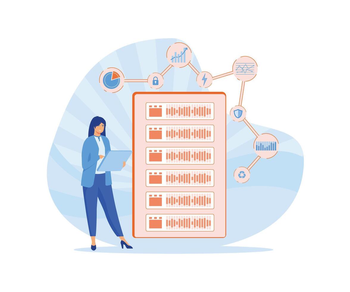 Server maintenance with monitoring tools. Managed server service solution. IT infrastructure monitoring and maintenance. flat modern illustration vector