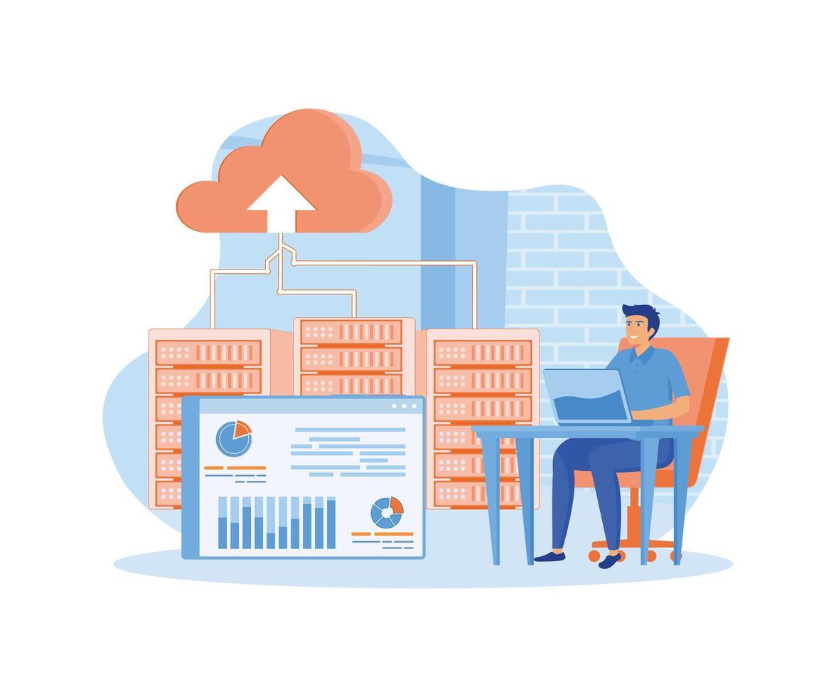 Data center technology concept with outline people scene. Man engineer maintains server room and controls performance of hardware on dashboard. flat modern illustration vector