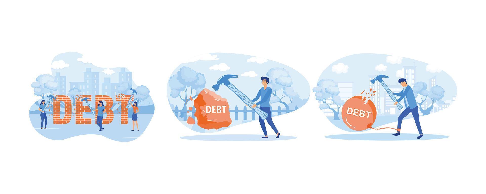 Destruction of debt. Businessman breaking rock of debt concept. Businessman trying to destroy iron ball with debt word that chained his feet with hammer. Set flat modern illustration vector