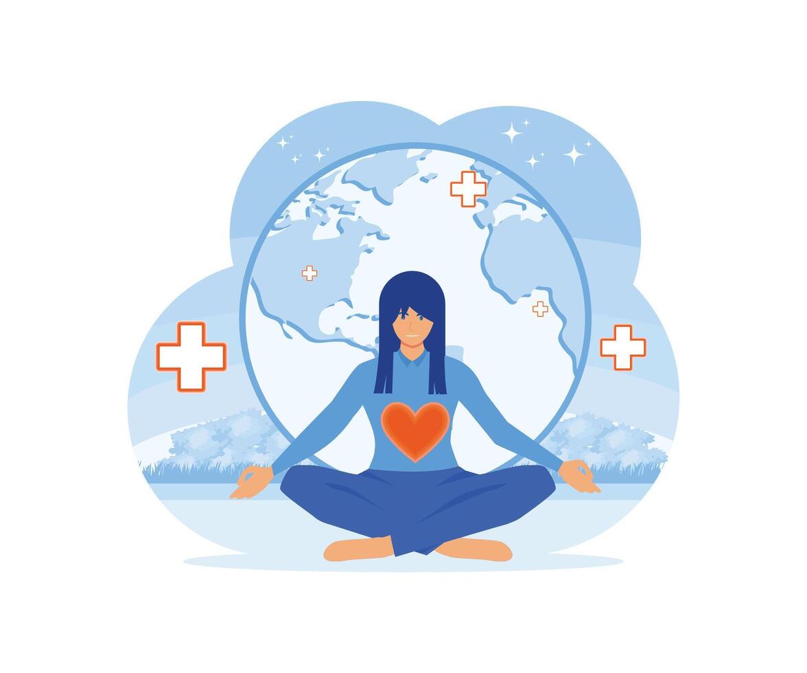 Women celebrate World Health Day with yoga. flat modern illustration vector