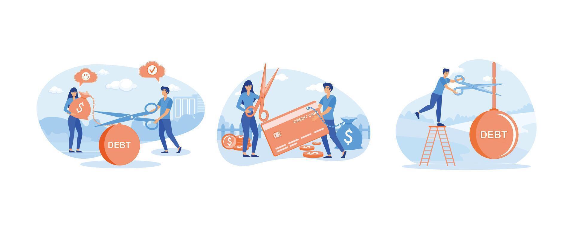 Businessman helped girl get out of debt. Debt burden concept. Cutting debt, businessman's hand holding scissors to cut debt. Set flat modern illustration vector