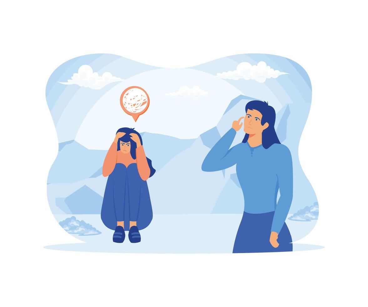 Crying woman sitting on floor hugging knees. Stressed girl touching head. Psychology, depression, mental health concept for banner, website design or landing web page. flat modern illustration vector
