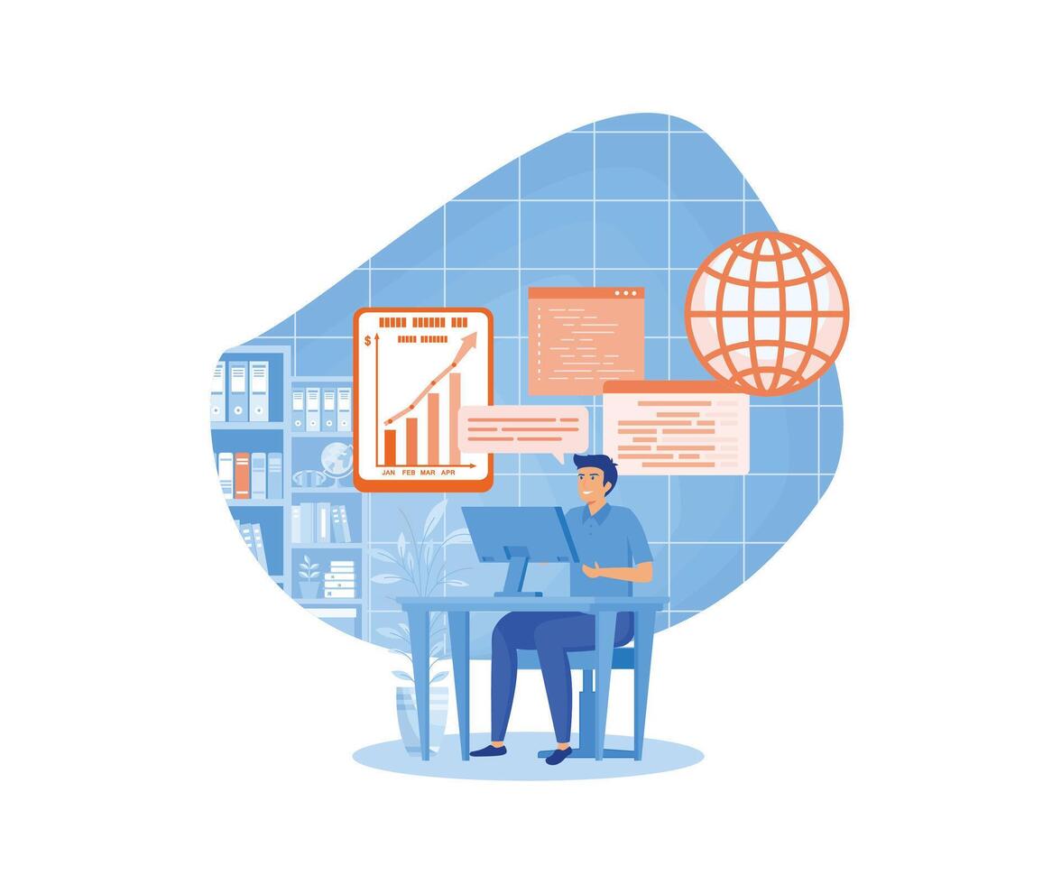 Man working with big data and databases, using laptop and excel tables. Office worker making analysis and report with spreadsheets on computer. flat modern illustration vector