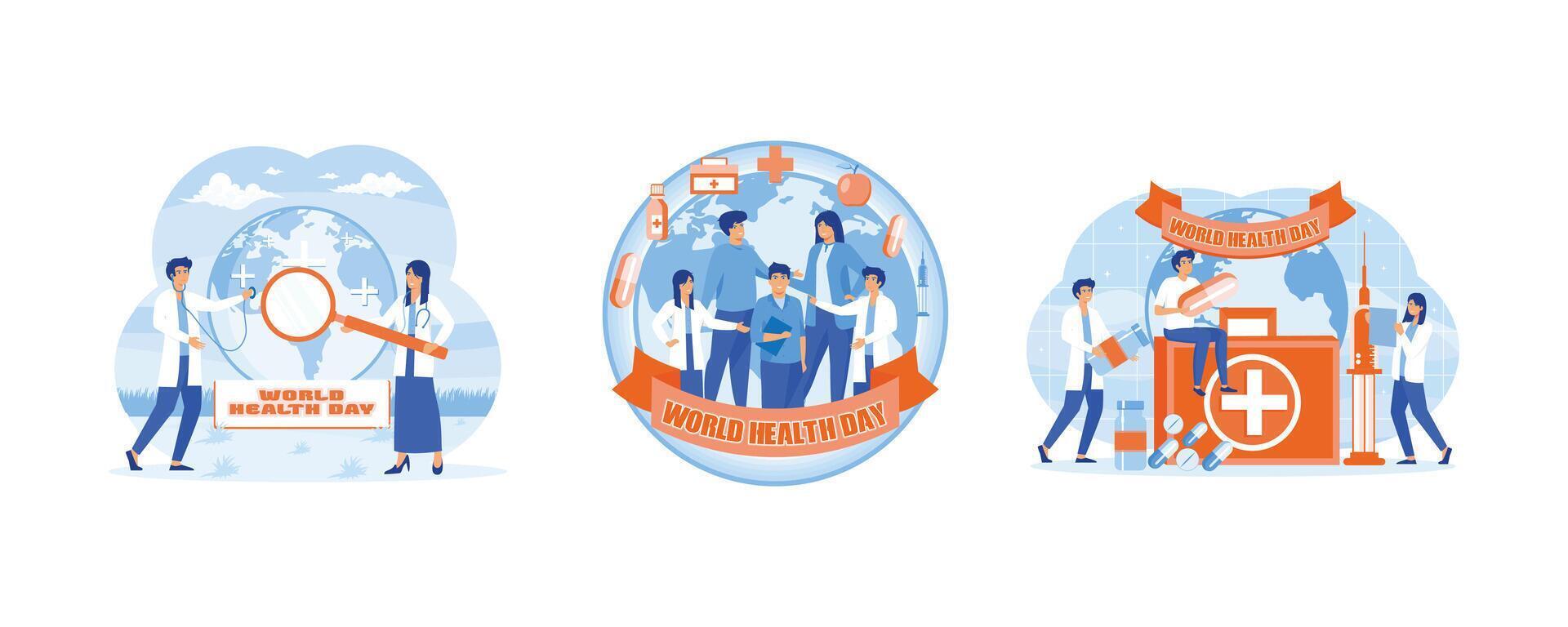 A couple of Doctors are checking the health of the globe earth with a stethoscope. A medical staff group of doctors and nurses. World Health Day concept. Set flat modern illustration vector