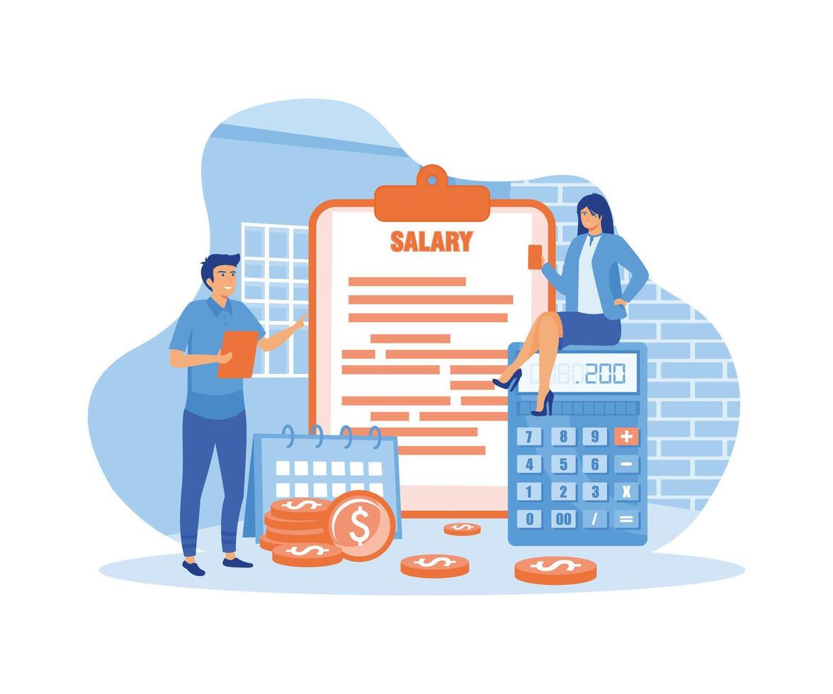 Salary concept. female worker looking at his salary on handphone and male worker standing with clipboard, stack of coins and calculator. flat modern illustration vector