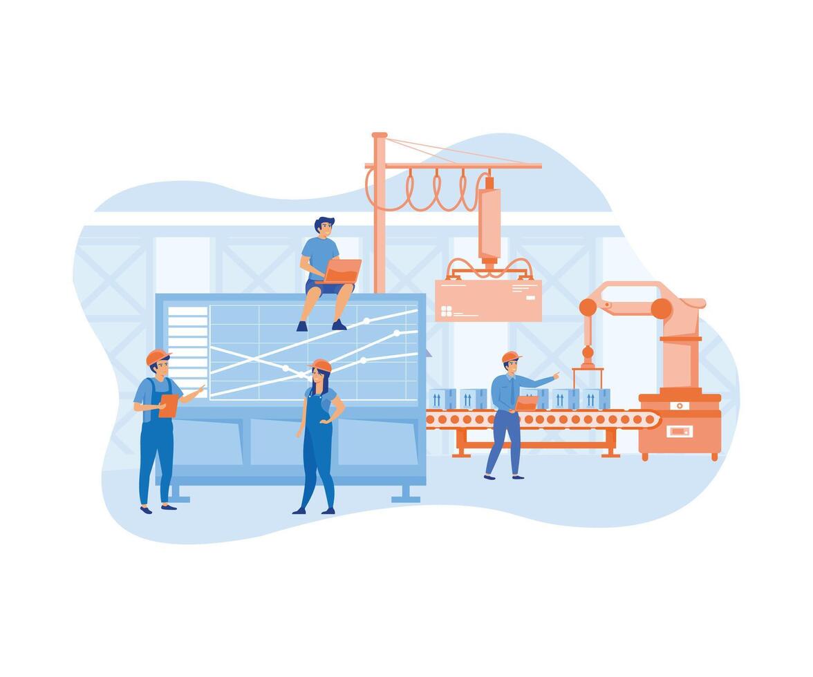 A production with workers, automation and user interface concept user connecting with a tablet and sharing data with a cyber physical system. flat modern illustration vector