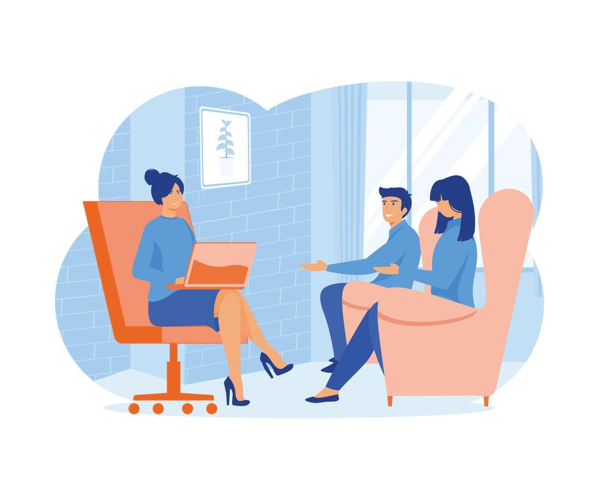 Married young couple at psychologist's appointment. Marriage crisis, conflict, relationship problem. flat modern illustration vector