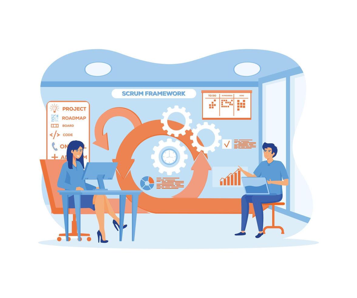 Scrum framework. Software development methodology. Labeled agile software development scheme concept. Task sprint teamwork explanation. Project management work cycle. flat modern illustration vector