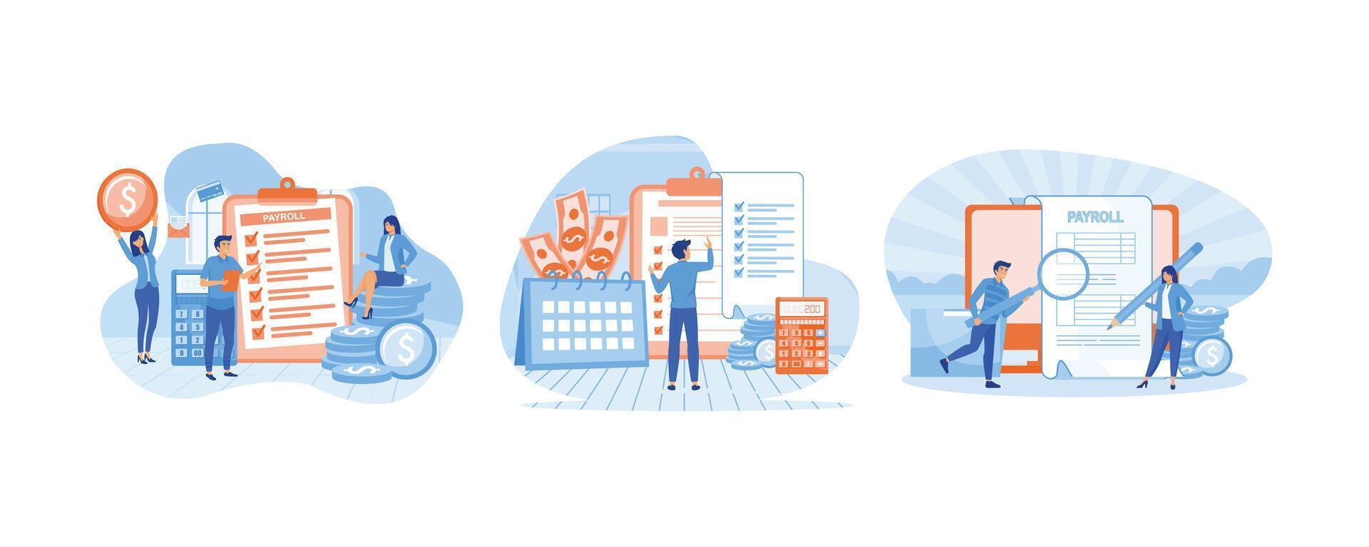 Payroll, Salary payment with Tiny People Character Concept. Payroll income concept. Male and female working on payroll administrative. Set flat modern illustration vector