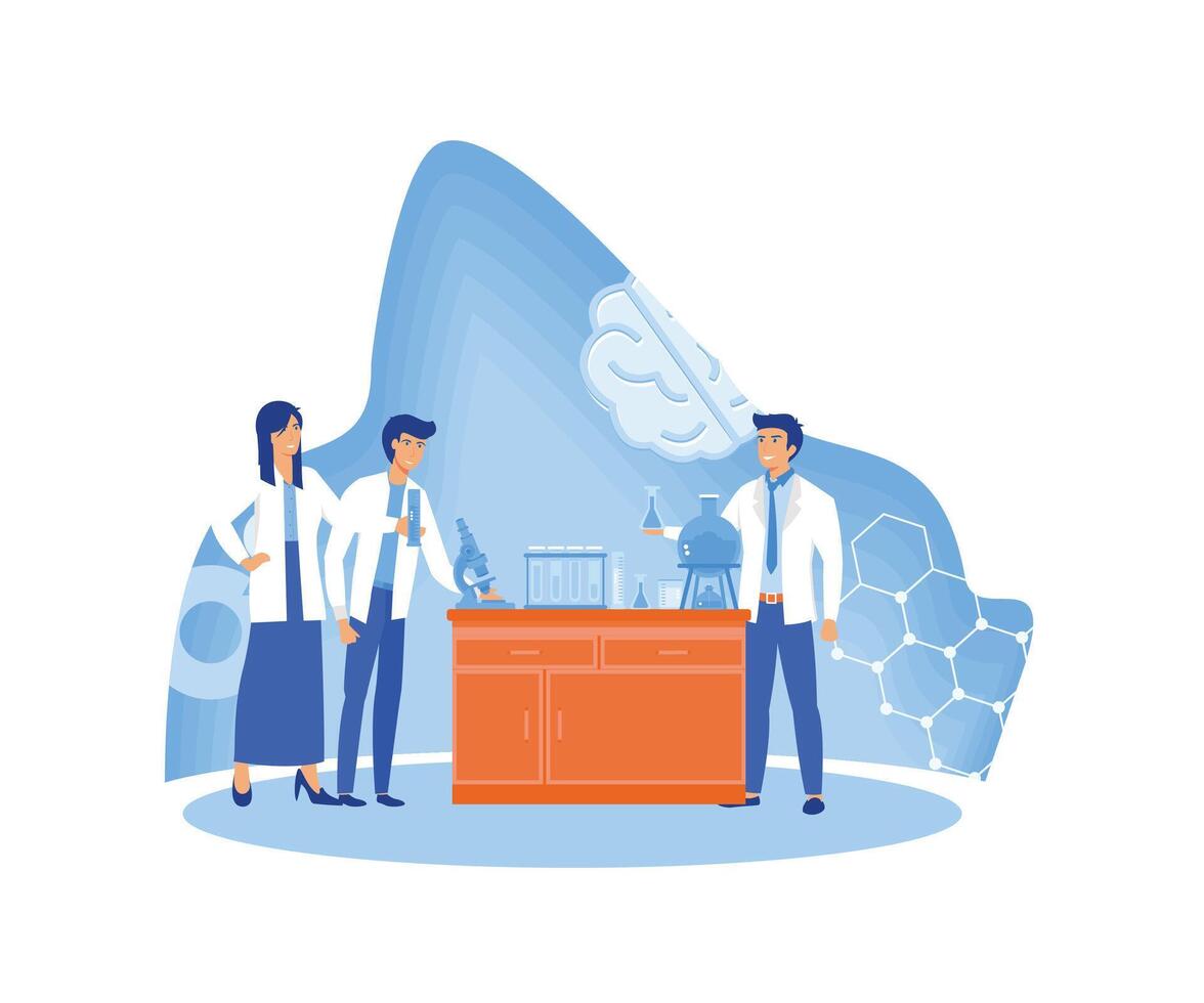 Of scientists two men and woman working at science lab. Laboratory interior, equipment and lab glassware. flat modern illustration vector