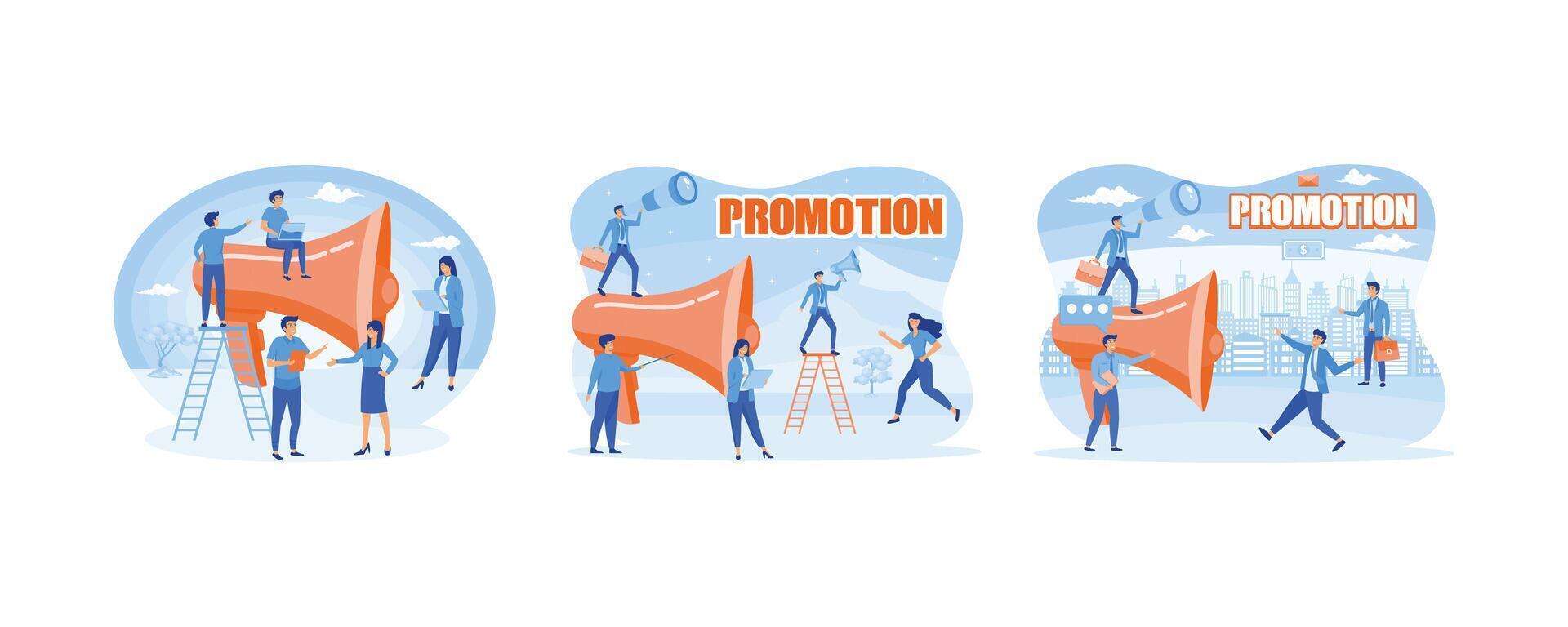 Big megaphone with a small people, teamwork. Social media marketing online business concept. Promoters speak with big megaphones and attract buyers investors and entrepreneurs. vector