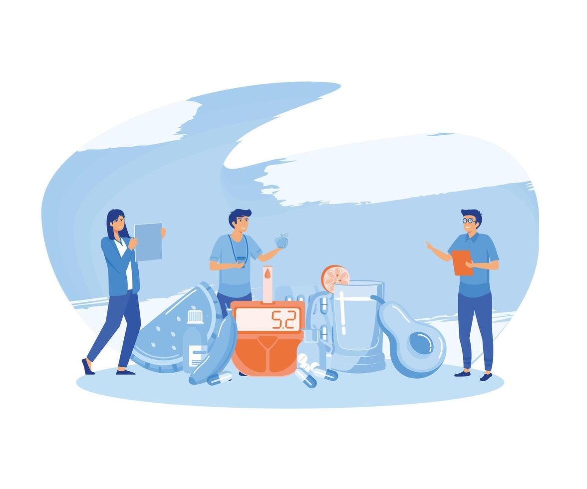 Diabetes poster. Tiny people with diet food, diabetic medications and glucometers for sugar level blood test. flat modern illustration vector