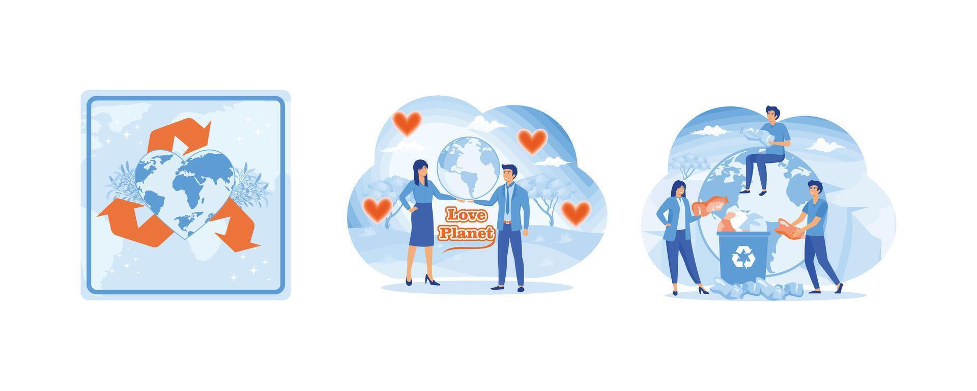 Earth Day Celebration. Woman and man hugging Earth. Clean planet garbage recycling and saving the planet concept. Set flat modern illustration vector