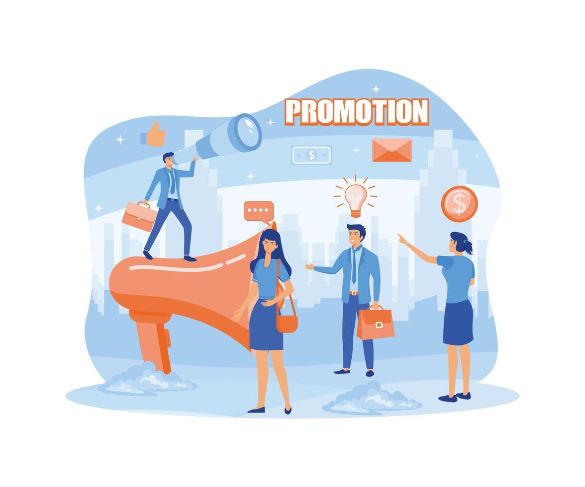Advertising, marketing, promotion concept. Loudspeaker speaks to the crowd. Promoters speak in big megaphones and business people listen to announcements carefully. flat modern illustration vector