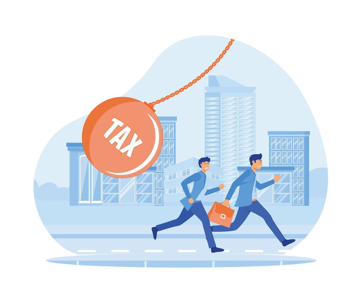 Businessman running away from huge pendulum with message tax, financial crisis in tax burden concept. flat modern illustration vector