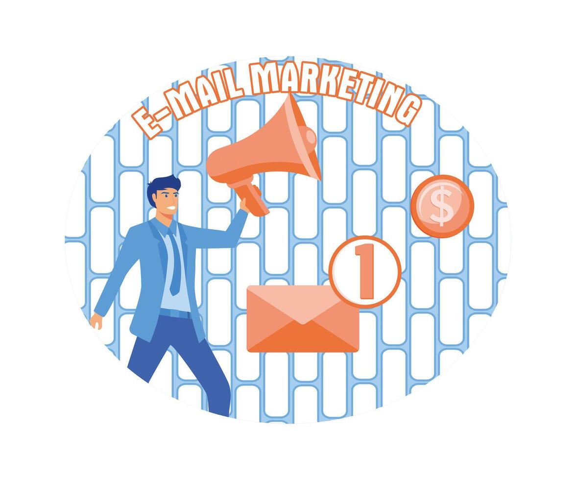 Man shouting in megaphone. Business is announced over loudspeakers. Direct marketing. Promotion concept. flat modern illustration vector