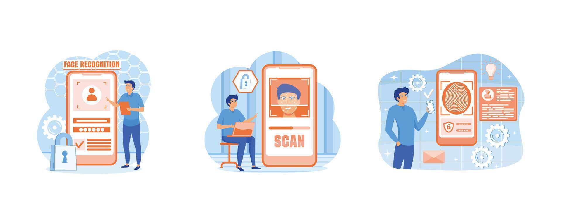 Man standing with a phone, identifies a face. Face recognition concept. Face recognition system development online service or platform. Set flat modern illustration vector