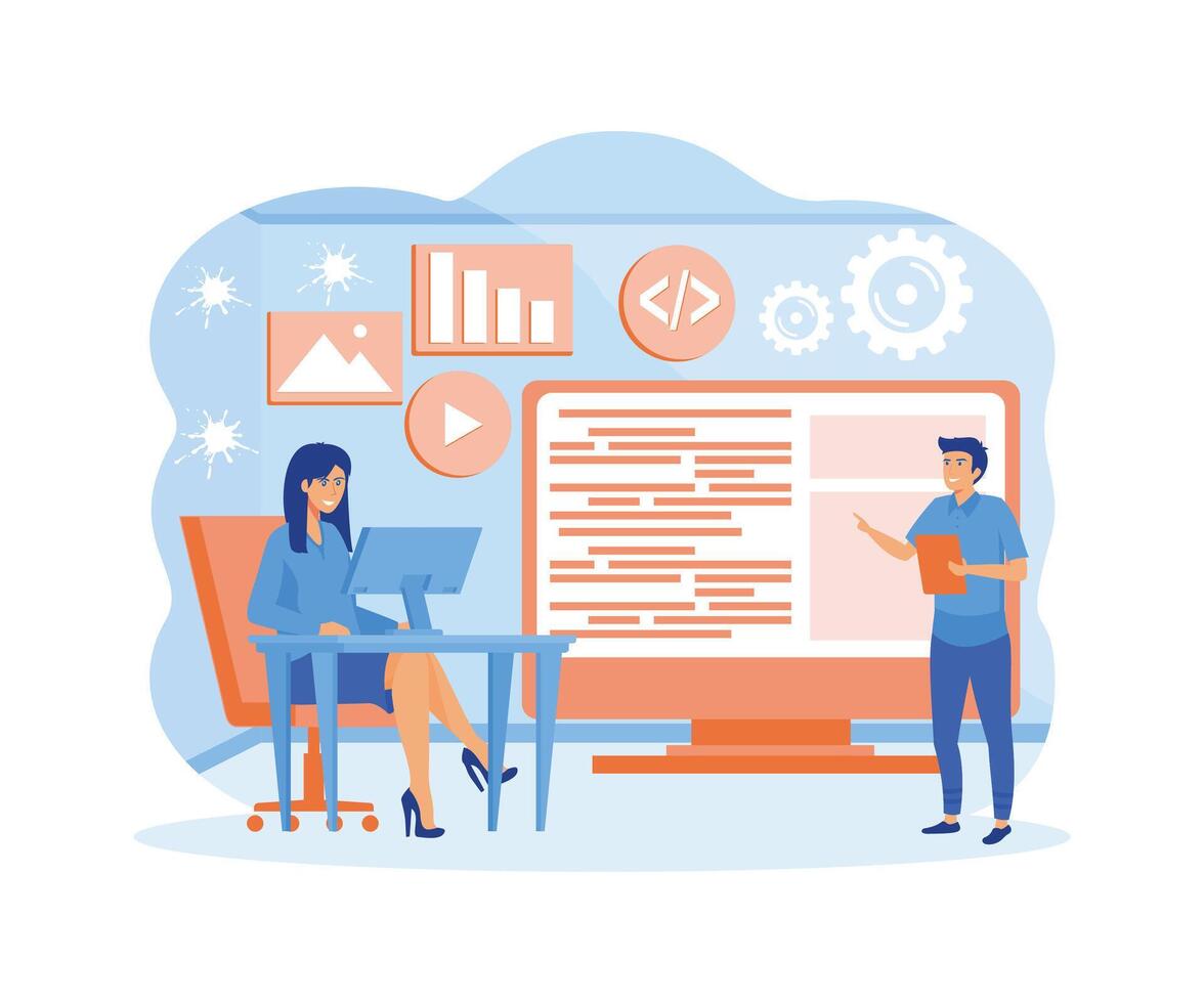 Software engineer concept. Web design and development, programmer and coding website or app. project engineer, programming software. flat modern illustration vector