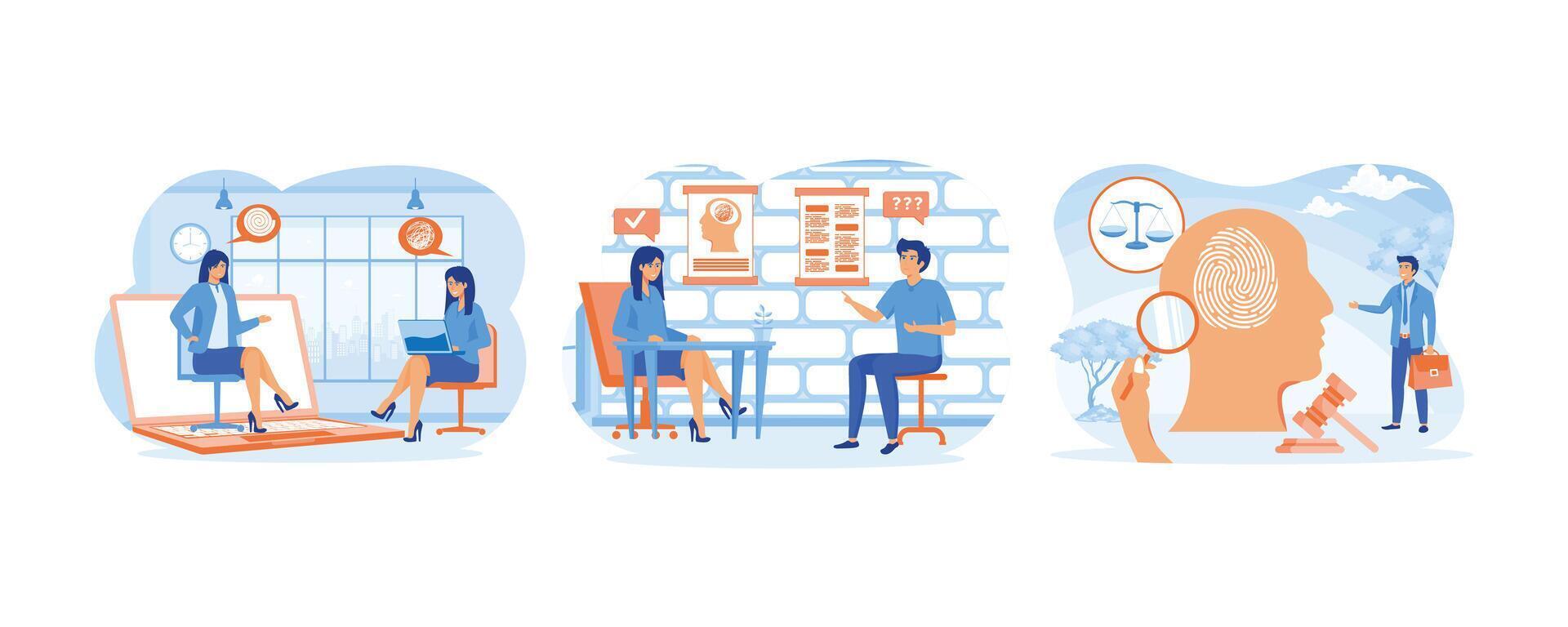 Online psychological. Male character at psychotherapist appointment. Forensic psychology as interrogation person concept. Set flat modern illustration vector