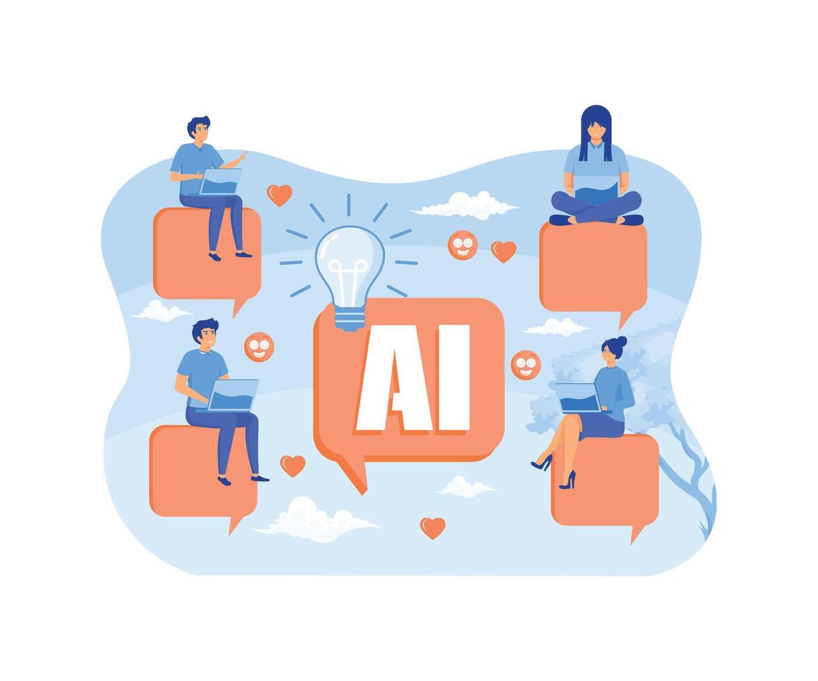 People chatting with AI chat bot and get smart solution. Artificial Intelligence robot communicate with human natural language provide smart solutions. flat modern illustration vector