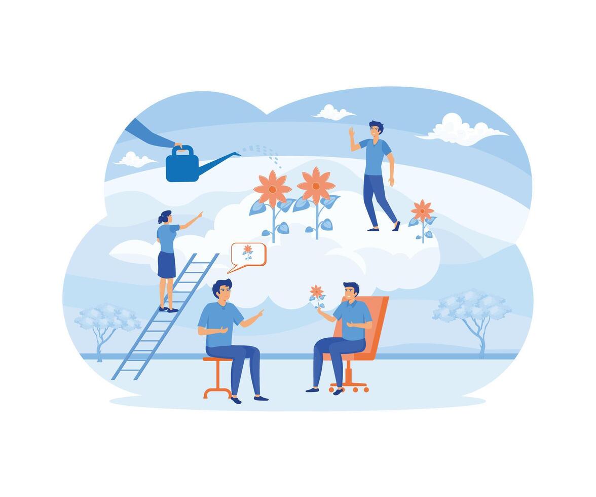 Psychotherapy and psychological support for patient care tiny person concept. Recovery and mental rehabilitation after depression or trauma. flat modern illustration vector