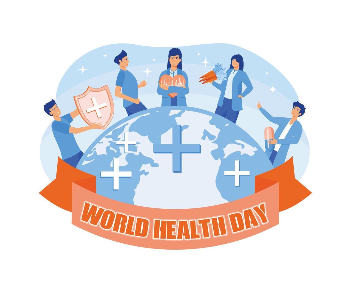 A group of diverse people around the world leading an active healthy lifestyle on World Health Day. flat modern illustration vector