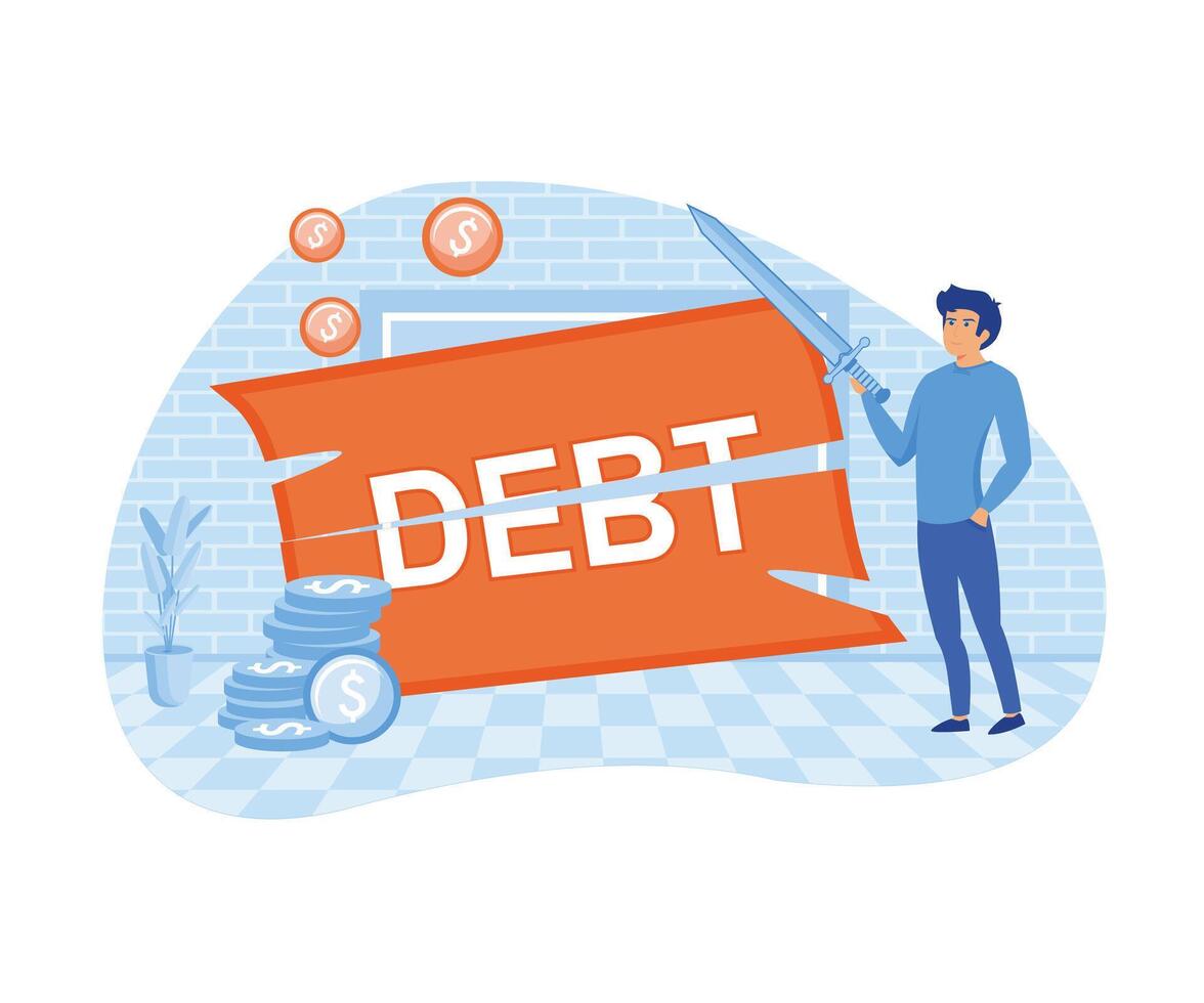 Cut debt. Businessman cutting the word debt with a sword. Money flying around. Reduce, slice and get rid of debt concept. flat modern illustration vector