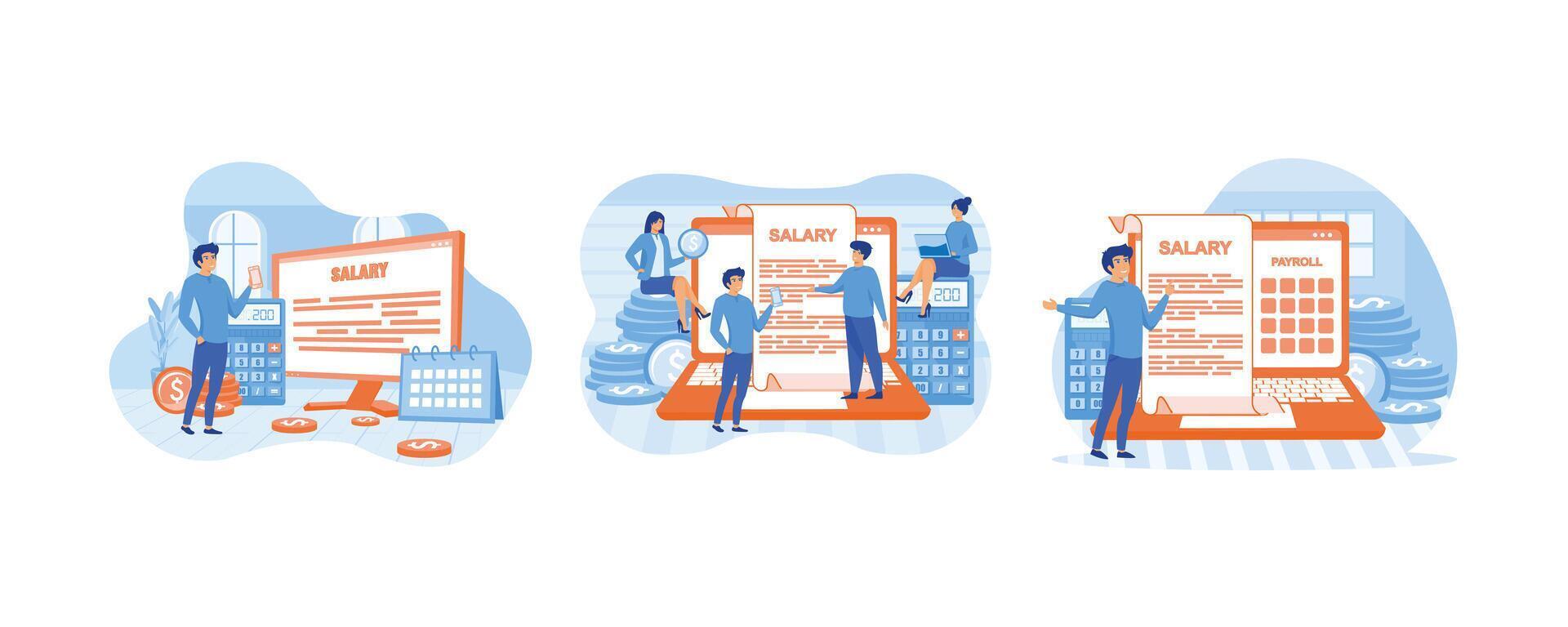 Salary payment concept. Payroll, Salary payment with Tiny People Character Concept. Online income calculate and automatic payment. Set flat modern illustration vector