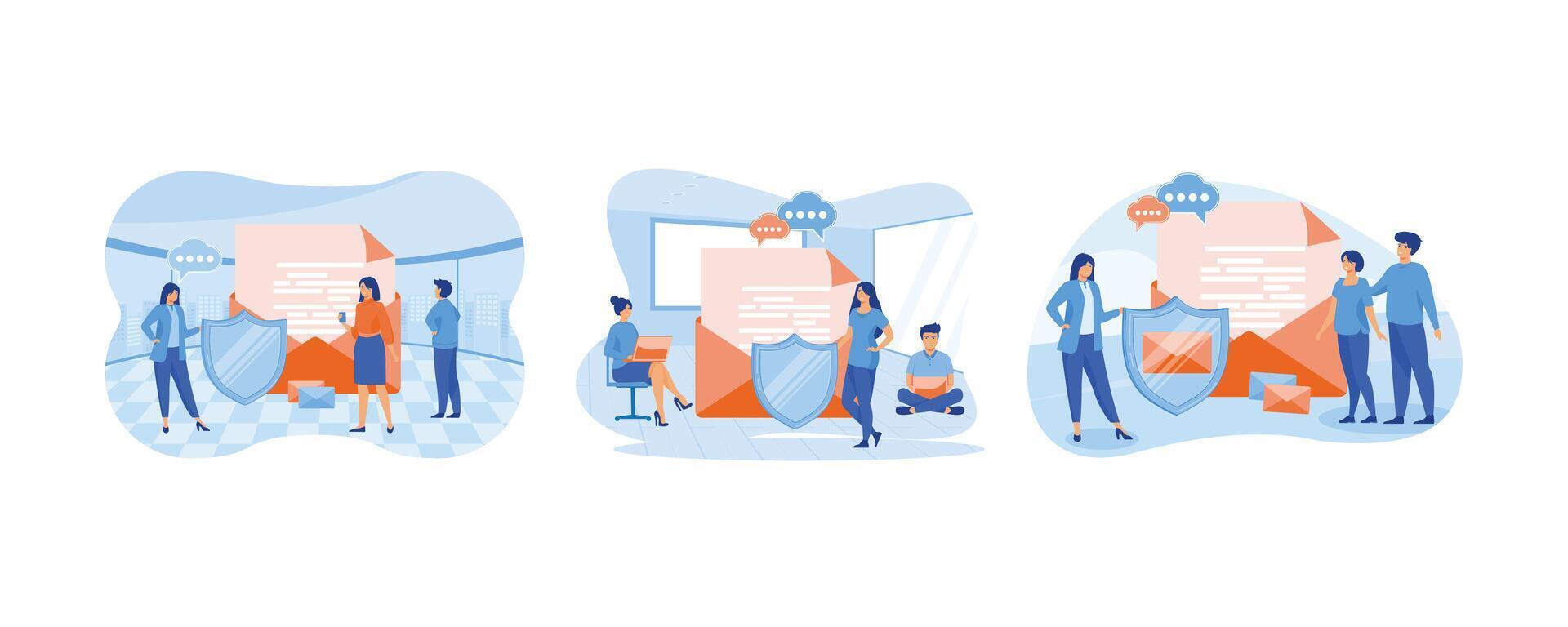 People stand near big envelope, letter, shield. Private messages, email encryption, confidential information protection. Encrypted, secure messenger concept. Set flat modern illustration vector