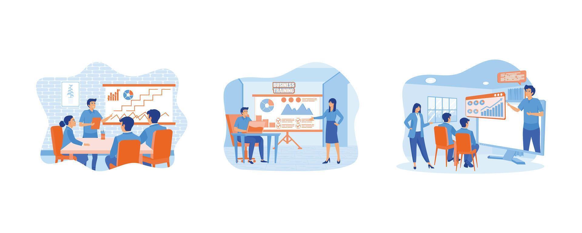 People at business training look at presentation with graphics. Business training or courses concept. Business training landing page. Set flat modern illustration vector