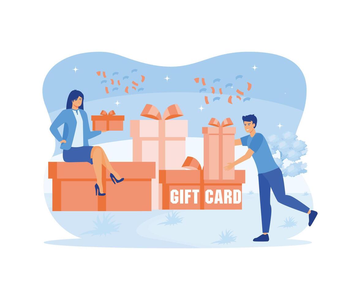 Gift card or discount coupon. Man and woman standing next to boxes and presents with ribbon and bow. Special offer from stores to congratulate client on his birthday. flat modern illustration vector