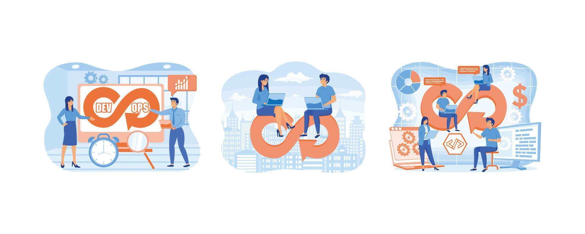 DevOps developers work with automation process in shape of infinity sign. business people working with computers on the Devops cycle. DevOps engineers web design with people. vector