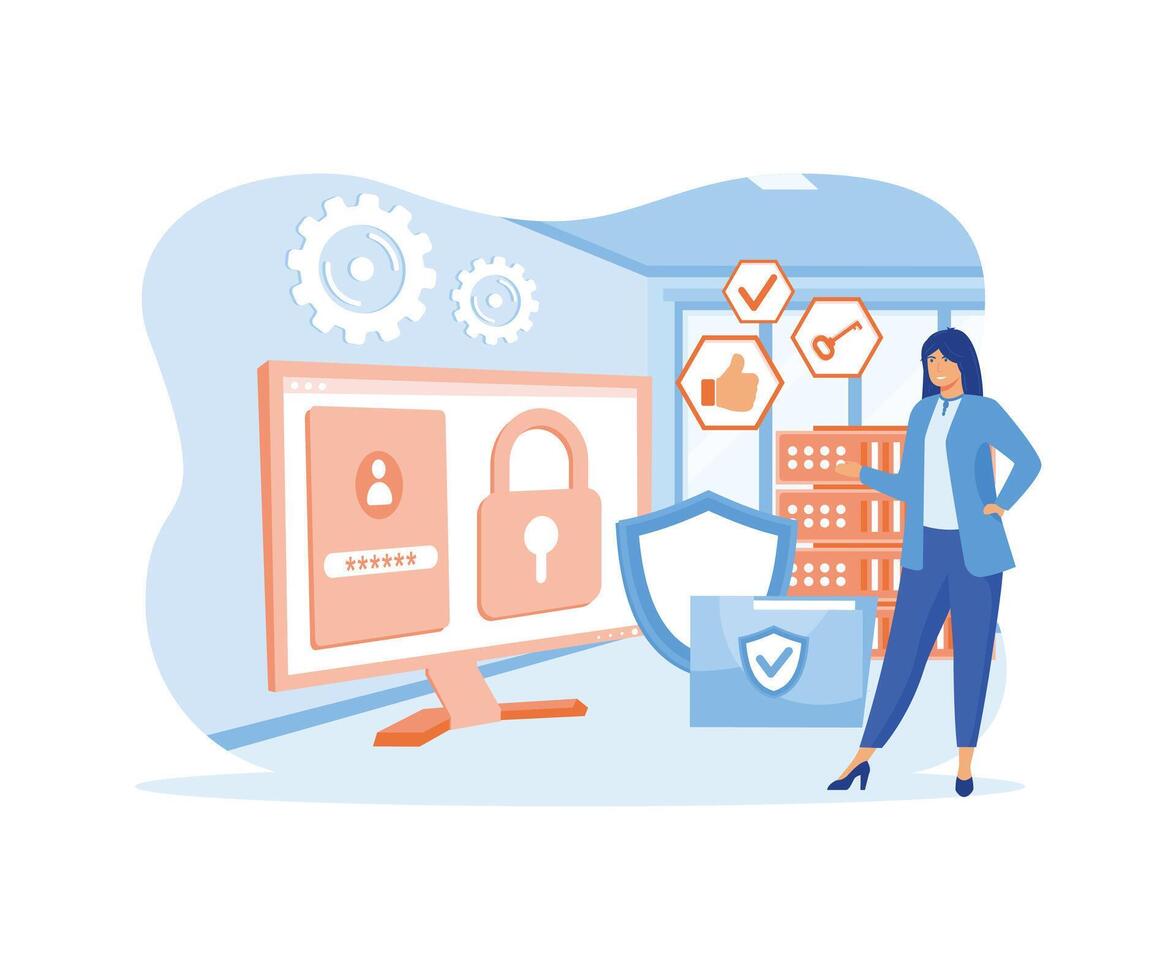 Computer Security, Privacy Data Protection in Internet, Virtual Private Network Concept. Pc Desktop with Shield and Lock on Screen, Protected Archive Folder. flat modern illustration vector
