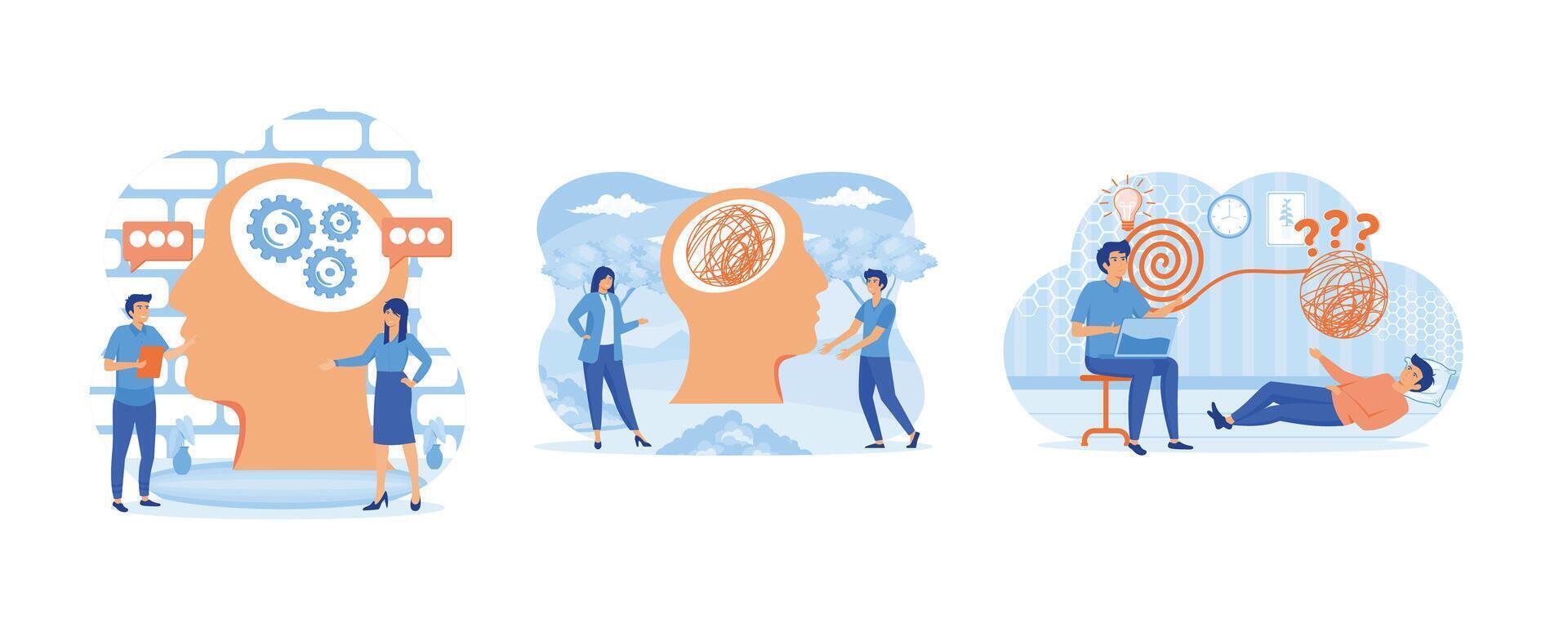 Psychology, psychotherapy and psychiatry counseling concept. Psychotherapy practice. Psychotherapy, unraveling complex situations. Set flat modern illustration vector