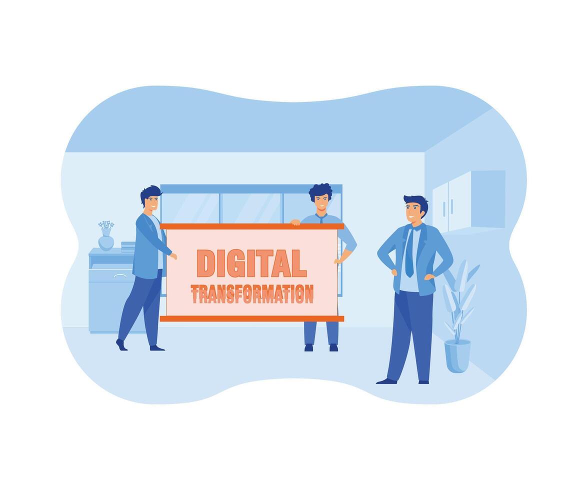 A company staffs showing the boss the future direction of the company. Digital Transformation on white board cards. Portray a concept of innovative future. flat modern illustration vector