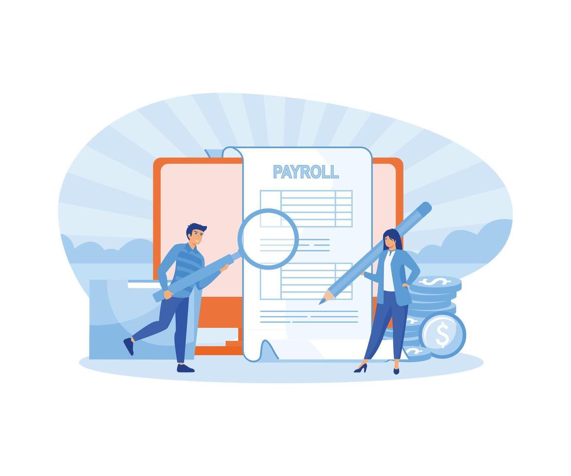 Male and female working on payroll administrative. Man and woman use pencil and magnifier to examine payroll check. flat modern illustration vector