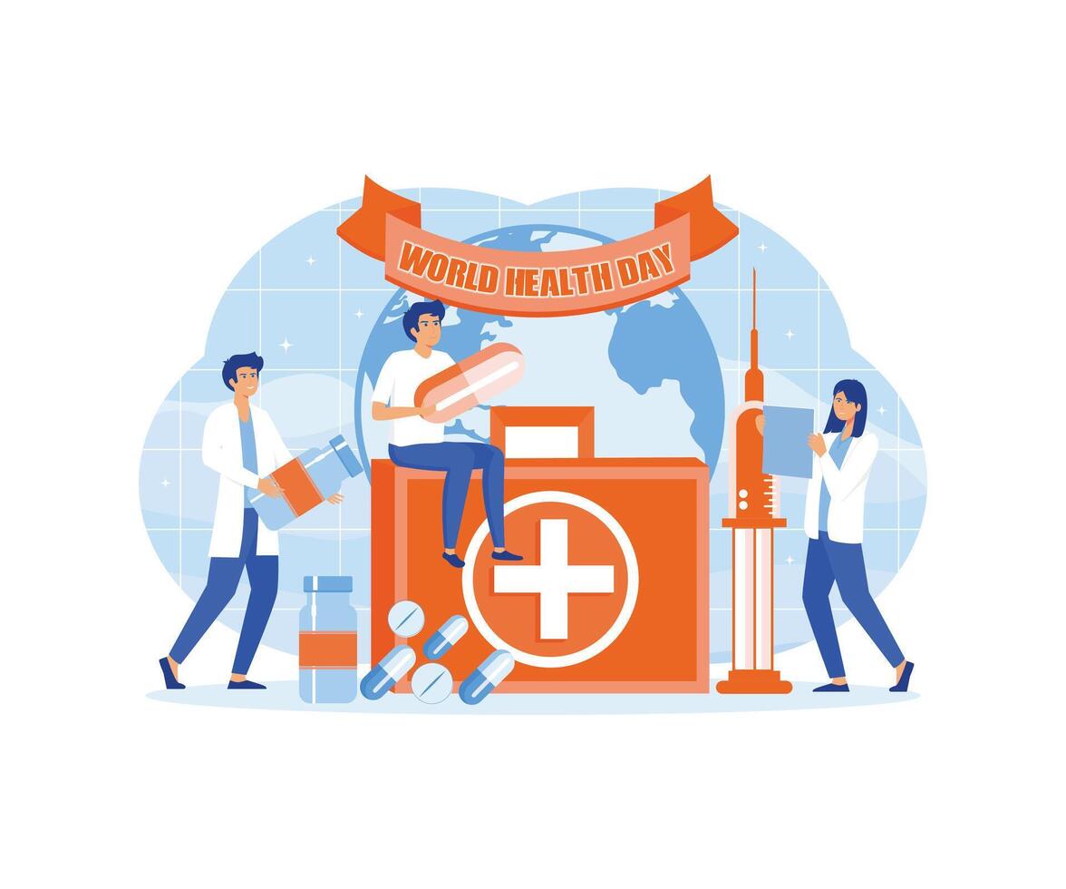 World Health Day concept with Group of doctors bring health medicine and pills. flat modern illustration vector