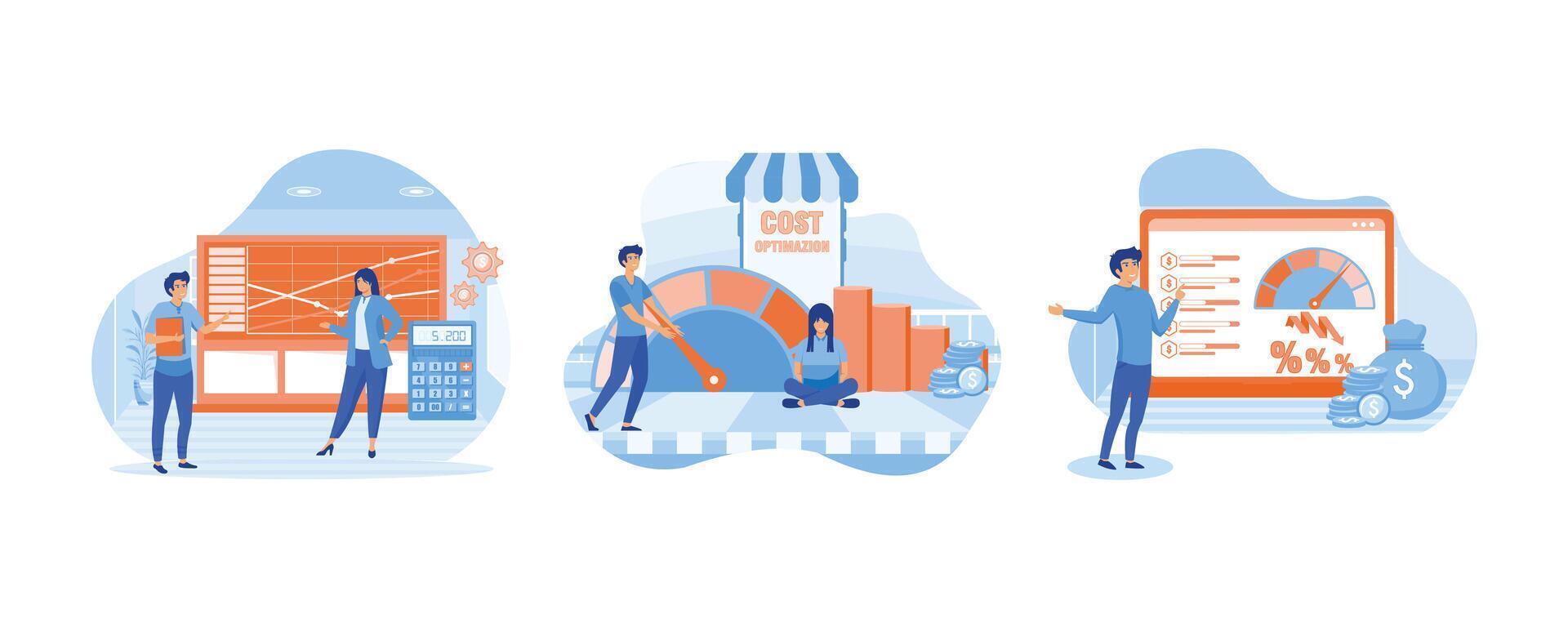 Cost optimization concept. Cost optimization typographic header. Idea of financial and marketing strategy. Set flat modern illustration vector