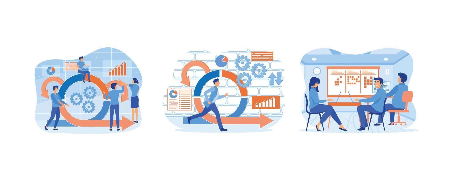 Agile development methodology business concept. Effective teamwork for project sprint. Agile business team of programmer working and make some planning on the scrum board. Set flat modern illustration vector