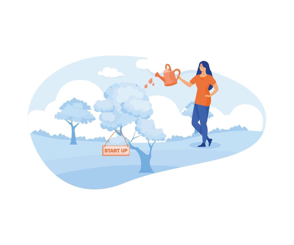 Start up green business growth concept. Human hand with can watering a tree with Start up sign board. flat modern illustration vector