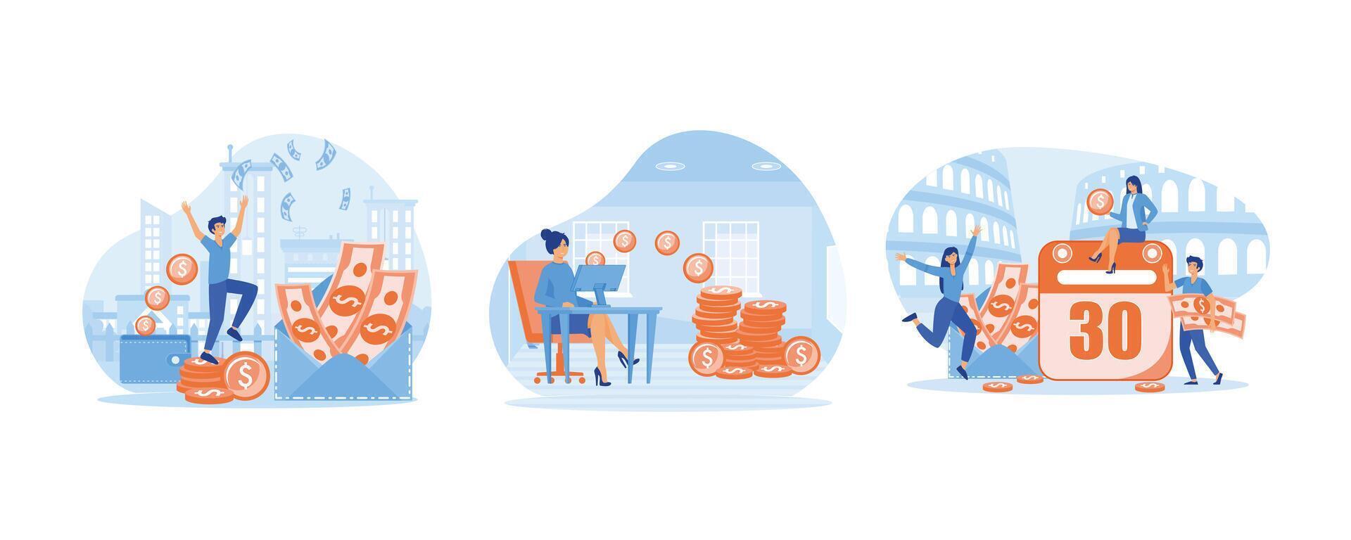 Man stands with a new income, received a salary. Salary Payment concept. Showing a group of people celebrating salary payment day. Set flat modern illustration vector