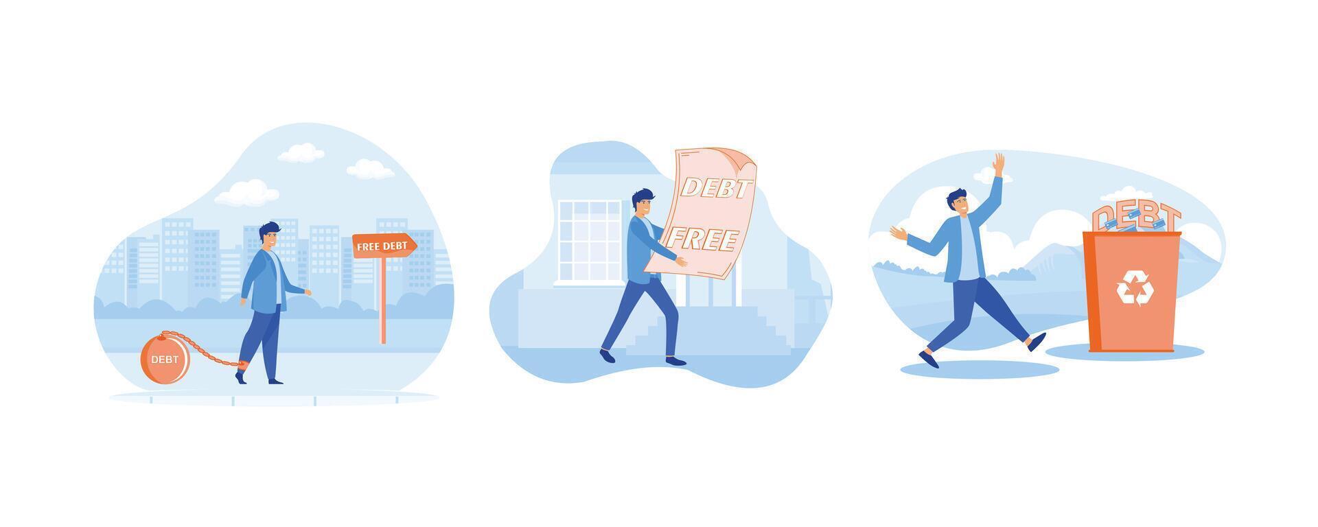 Debt Free concept. Businessman with debt free letter. Debt concept, business man rejected word debt to the trash. Set flat modern illustration vector
